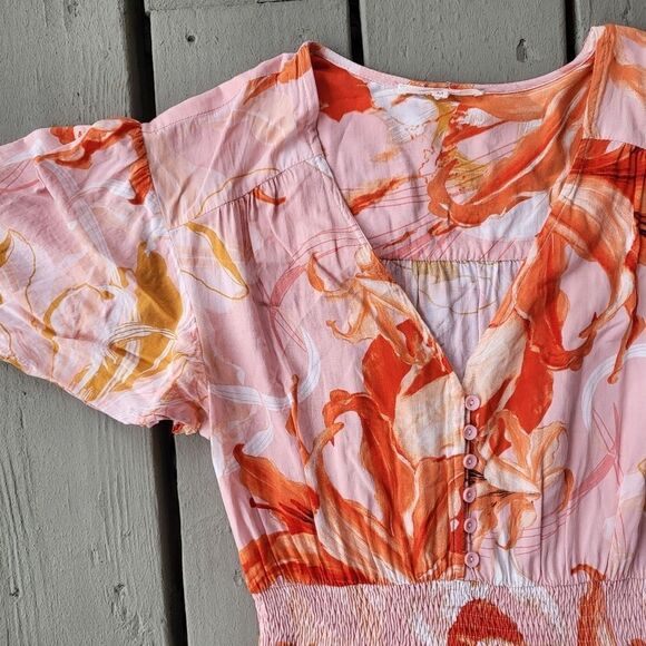 Abel The Label Maxi Dress Floral Tropical Pattern Hi-Lo‎ Ruffled Hem Pink Medium - Picture 5 of 7